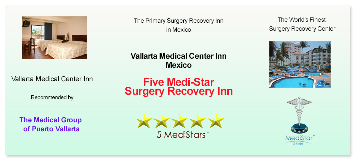 Picture of a hotel room bed and hotel swimming pool.  The pictures are arranged on either side of a five medi-star logo of the Vallarta Medical Center Inn, Puerto Vallarta, Mexico